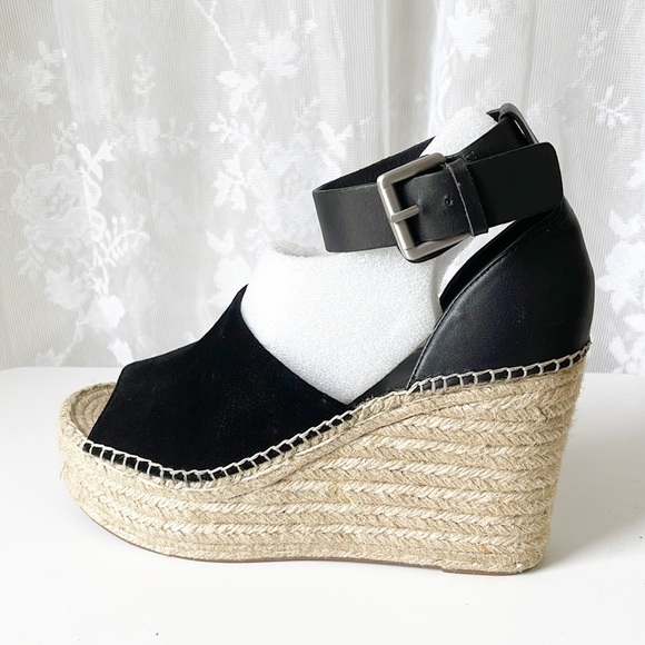 MARC FISHER Adalyn Black Leather/Suede Jute Wedge Platform Sandals 10 - Picture 10 of 13